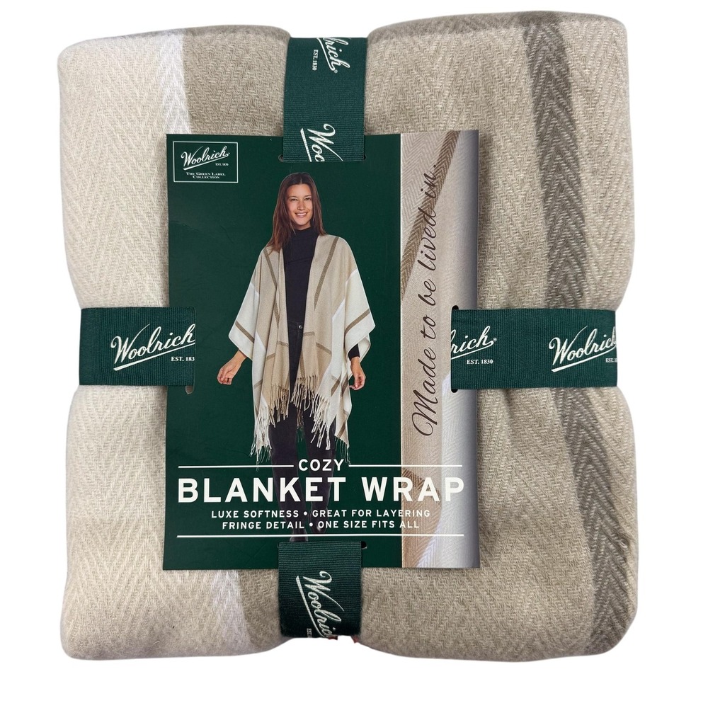 Woolrich Blanket Wrap Womens OS Beige Plaid Fringe Shawl Poncho WR006378 NEW
